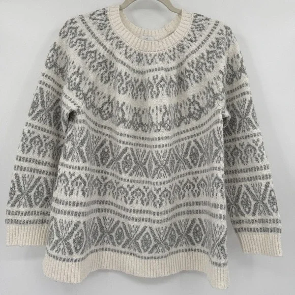 J.Jill Womens‎ Sweater Large Ivory Gray Fair Isle Crewneck Knit Pullover - Picture 1 of 13